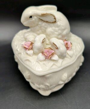 Porcelain Mother Bunny With Babies & Pink Roses Heart Candy Jewelry Box